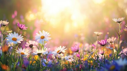 Fototapeta premium Vibrant Wildflower Meadow Bathed in Golden Afternoon Light