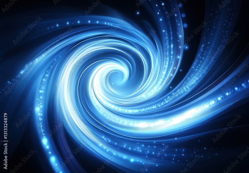 Poster abstract swirling blue light vortex with shimmering particles and glowing lines creating a mesmerizi