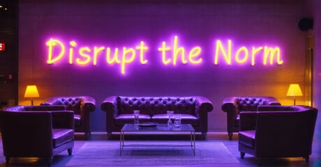 Neon sign disrupt norm radiant violet golden amber mounted high rise leadership lounge softly reflecting sleek leather chairs