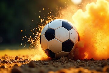 Fototapeta premium Dust explosion from kicked soccer ball, vibrant sunlight, equipment, bright