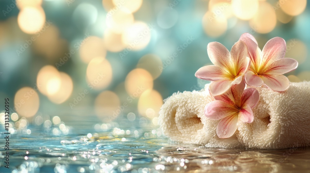 Poster luxurious spa setting with soft towel and delicate flower creating a relaxing and inviting atmospher