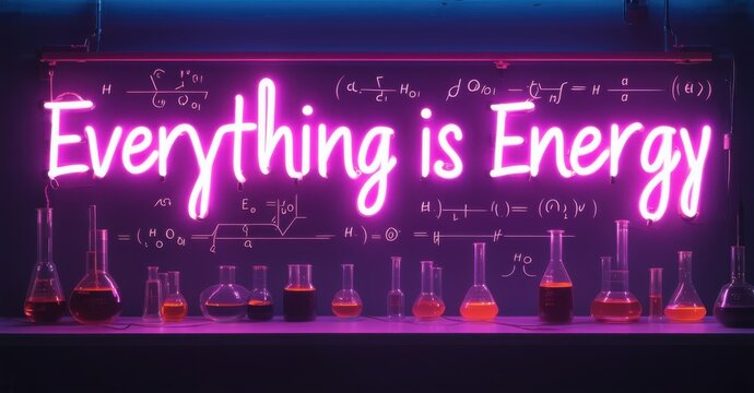 Naklejki Neon sign everything is energy electric blue soft crimson glowing inside futuristic quantum physics lab softly illuminating floating equations