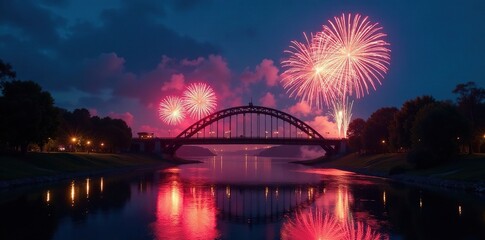 Fototapeta premium Vibrant fireworks explode above tranquil river bridge at night , stars, amazing