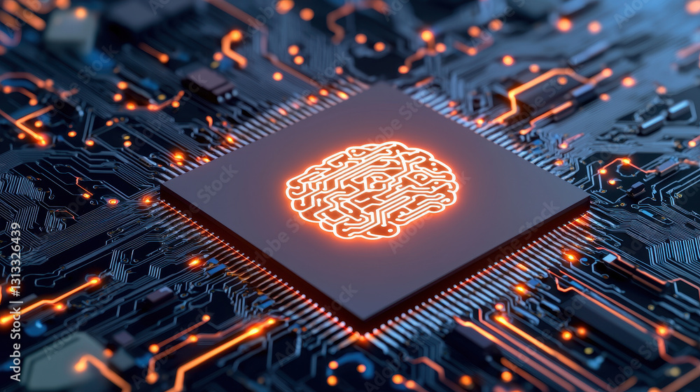Poster close up view of microchip with intricate circuitry and glowing patterns, symbolizing technology and