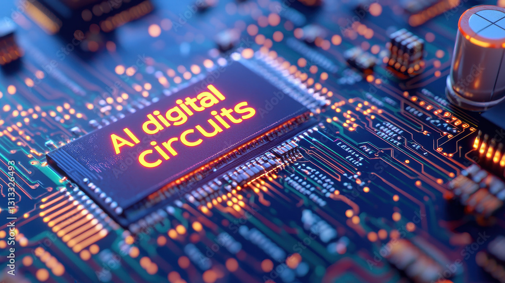 Poster ai digital circuits on circuit board with glowing elements and intricate designs