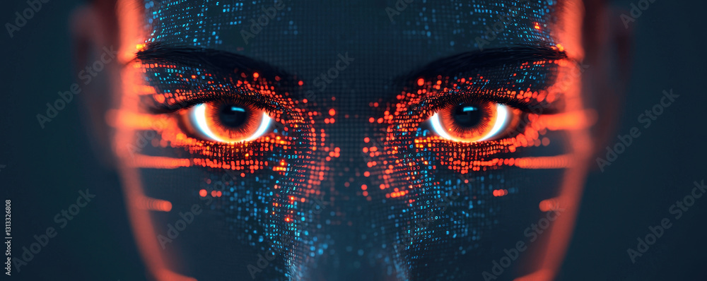 Poster futuristic digital face with glowing eyes and data patterns