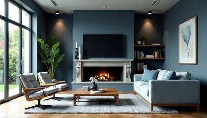 Gray blue living room, wood stone accents, elegant cozy design, sofa, cozy