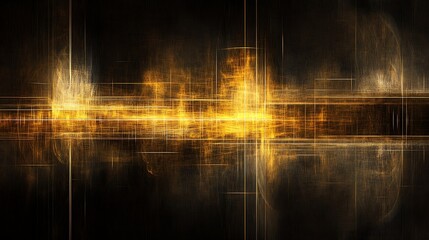 Fototapeta premium Abstract golden lines radiate from a central beam against dark background, ideal for technology design