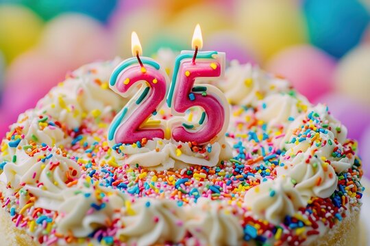 Colorful Birthday Cake with Number 25 Candles and Sprinkles Celebration