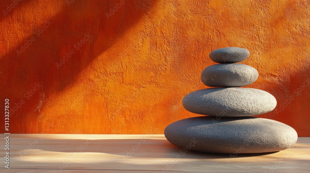 Poster a stack of rocks on a table, demonstrating mindful balance and the art of minimalism in a tranquil e