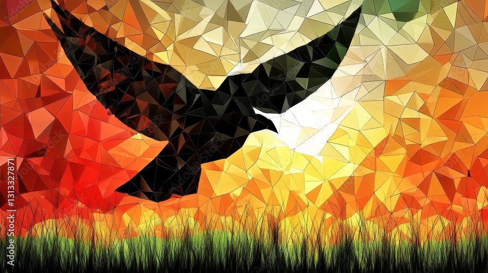 Poster abstract mosaic of a bird flying over a field at sunset capturing freedom nature and artistic expres