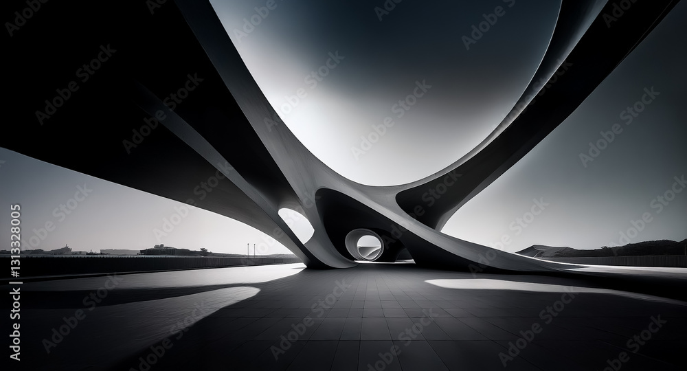 Poster futuristic abstract architecture featuring smooth, curved shapes and dramatic shadows in monochrome.