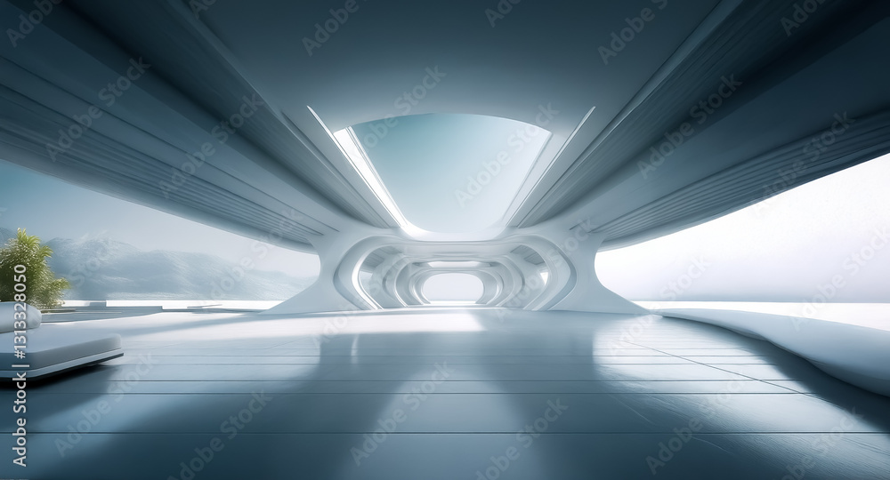 Aufkleber serene futuristic white corridor with smooth curves and natural light streaming through a skylight, 