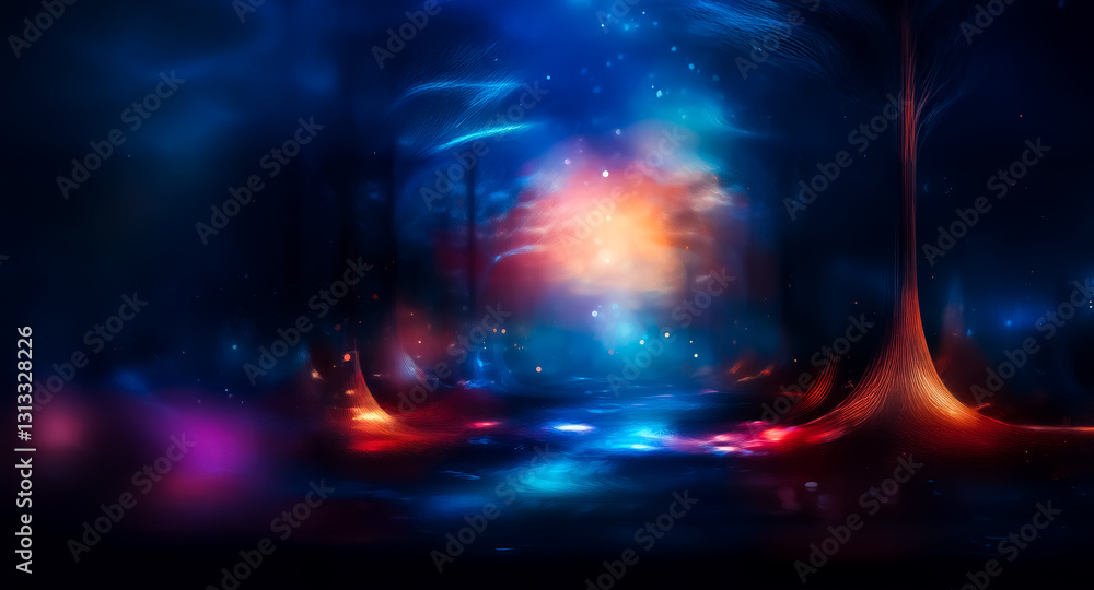 Aufkleber A mystical path illuminated by vibrant, glowing lights in a dark, abstract forest setting.  Ethereal and dreamlike atmosphere with colorful luminescence.