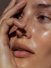 Naklejka premium Close-up of a woman applying skincare in soft lighting