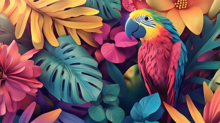 Fototapeta premium Vibrant Parrot in a Tropical Paradise: A Colorful Digital Artwork