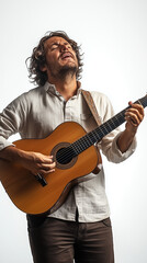 Obraz premium Man Singing Soulfully While Playing an Acoustic Guitar in Relaxed Atmosphere