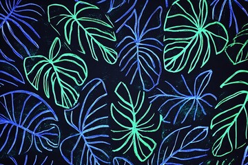 A pattern tropical leaves in neon green and blue, with soft glowing outlines against a black background