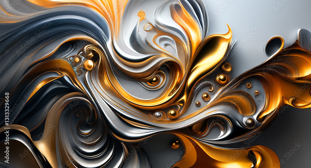 Poster elegant swirls of metallic gold, silver, and grey intertwine, creating a fluid and dynamic abstract 