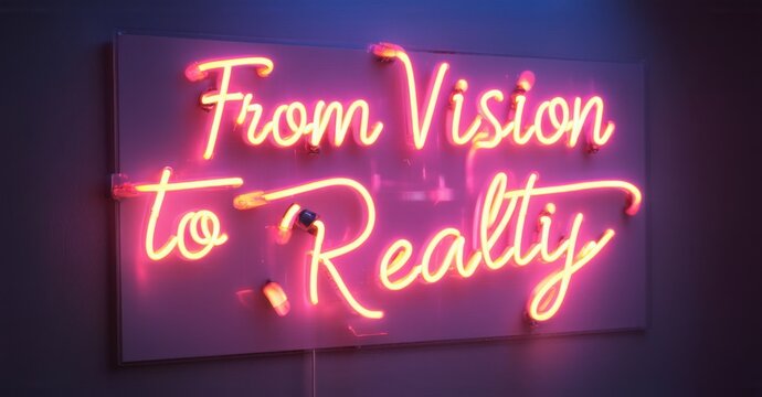 Naklejki Neon sign vision reality bright indigo peach glowing high energy startup pitch event softly reflecting interactive digital screens
