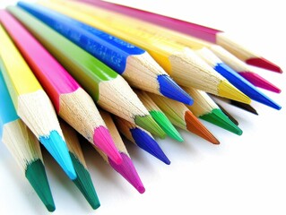 Fototapeta premium Neatly arranged colored pencils showcasing a spectrum of vibrant colors.