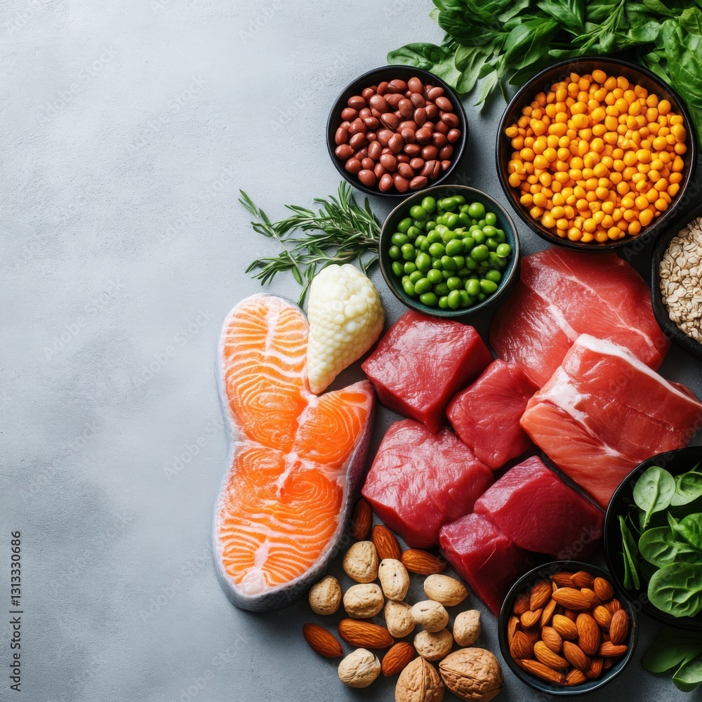 Poster a diverse array of protein-rich foods displayed on a table highlighting healthy choices for nutritio