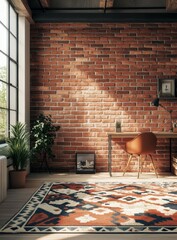 Sunny Loft Office with Brick Wall and Rug