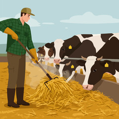 Farmer Feeding Hay to Cows in Barn Vector Illustration