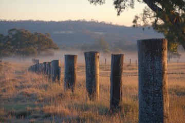 Rural fence posts in infinity perspective with misty dawn lighting and copy space
