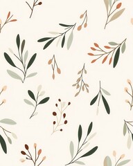Fototapeta premium Charming pattern with leaves and berries showcasing eucalyptus sprigs in a minimalist seamless design style