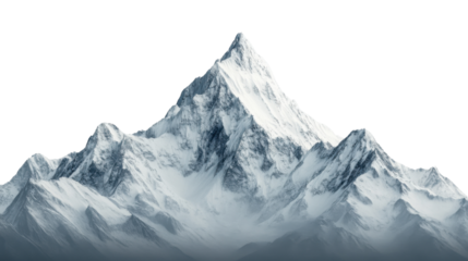 Majestic snow-capped mountain peak reaching for the sky with transparent background