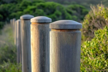 Naklejka premium Rural fence posts in infinity perspective with misty dawn lighting and copy space