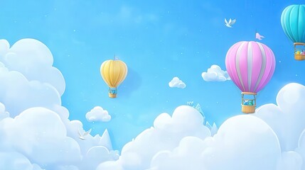 Obraz premium Colorful Hot Air Balloons Floating Through Blue Sky and Soft Clouds