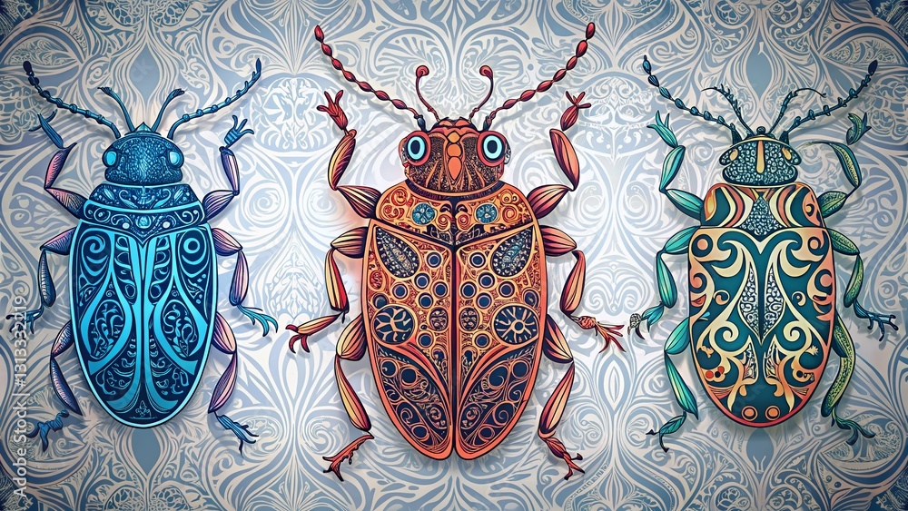 Poster organic line art bug silhouettes repeating pattern - elegant nature backdrop