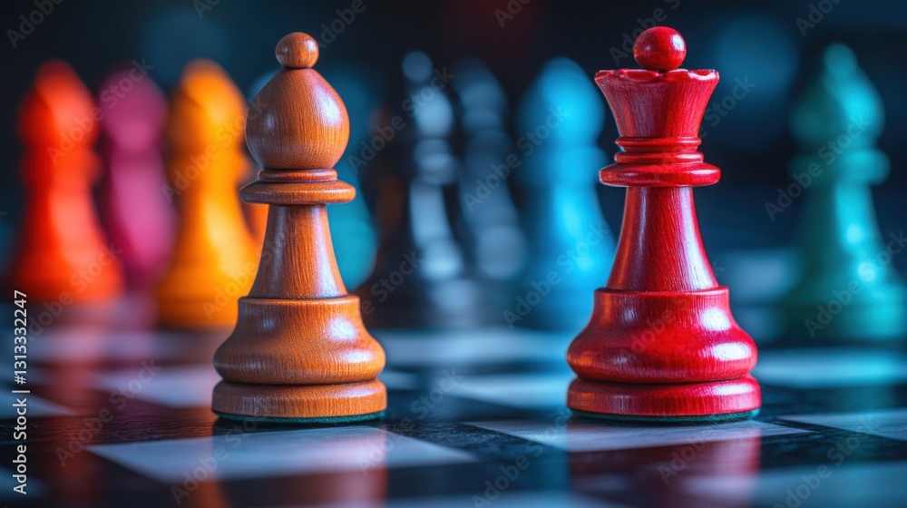 Poster intense chess game featuring a bold red pawn strategically positioned on the board ready for a move