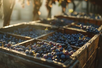 Harvested grape crates signaling the start of winemaking season in soft light