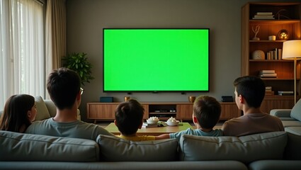 A cozy modern living room featuring a large flat-screen television mounted on the wall, displaying a vibrant green screen. A family is seated on the couch, watching attentively, with a coffee table an