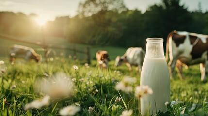 Fresh Dairy Products Surrounded by Cows in a Serene Meadow