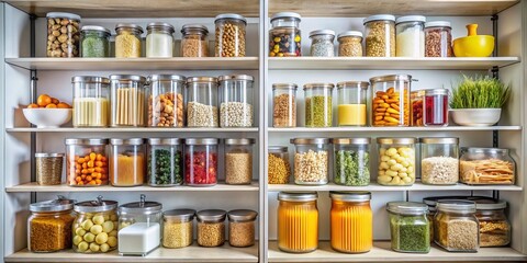 Organized Pantry, Low Light Food Storage,  Well-Lit Shelves,  Clear Containers,  Kitchen Organization Stock Photo