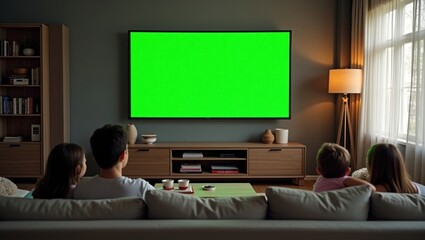 A cozy modern living room featuring a large flat-screen television mounted on the wall, displaying a vibrant green screen. A family is seated on the couch, watching attentively, with a coffee table an