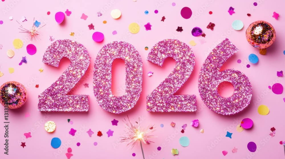 Poster the display features a large, glittering 2026 centerpiece adorned with colorful confetti and shiny o