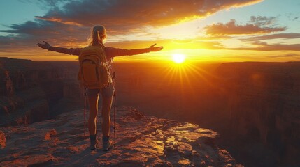 Fototapeta premium Hiker at Sunset on a Mountaintop