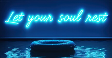 Neon sign let your soul rest deep navy bright turquoise mounted floating meditation pod softly reflecting still water pool