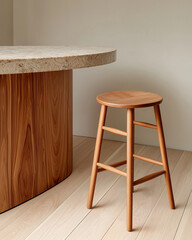 Minimalist kitchen features wooden stool and round stone countertop, creating clean and elegant atmosphere