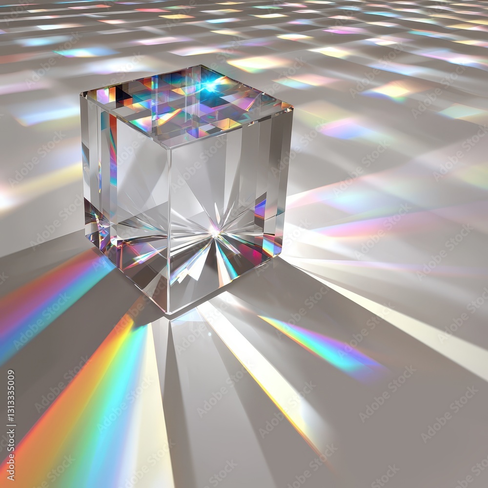 Poster crystal cube reflecting colorful light patterns on surface