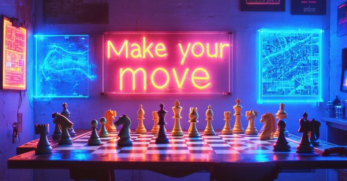 Naklejki Neon sign make your move bright cyan cyber red glowing inside strategic war room casting reflections giant chess boards strategy maps