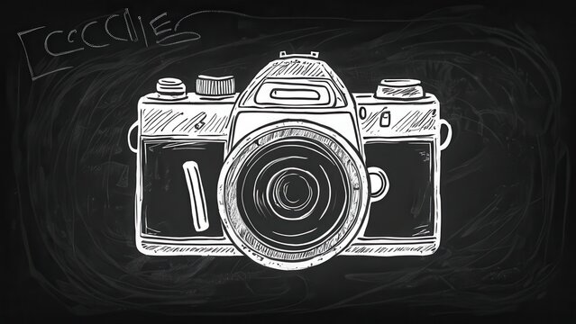  A vintage camera illustration on a chalkboard background
