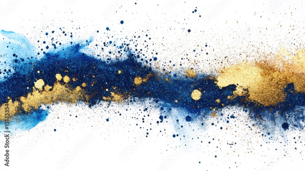 Poster abstract artwork features a blend of blue and gold splashes with dark accents, showcasing a vibrant 