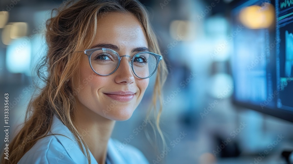 Aufkleber smiling woman in lab coat with glasses, working on computer in a modern laboratory setting