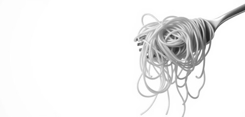 Fototapeta premium A tangled forkful of spaghetti against a pure white backdrop, illustration, menu